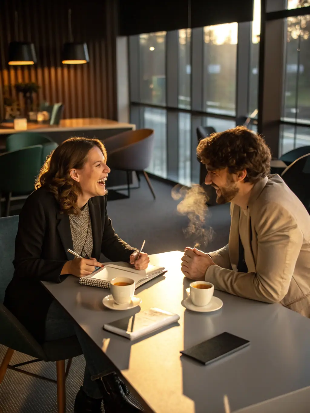 A high-quality image depicting a one-on-one executive coaching session in a modern office, with the coach actively listening and the executive engaged in thoughtful discussion.