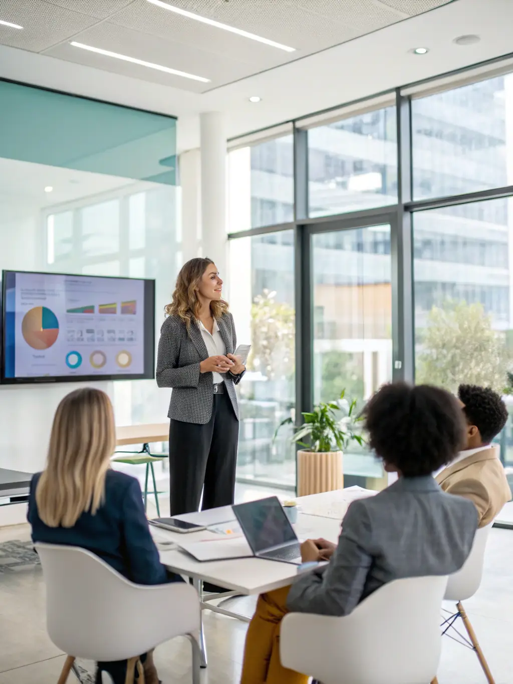 A professional image of an executive confidently presenting to a board of directors, showcasing strong leadership presence and communication skills.