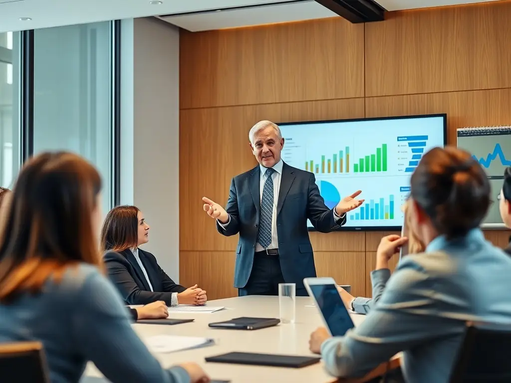 An Indian executive confidently presenting to a board of directors, showcasing strong communication skills, leadership presence, and strategic insights in a formal corporate setting.