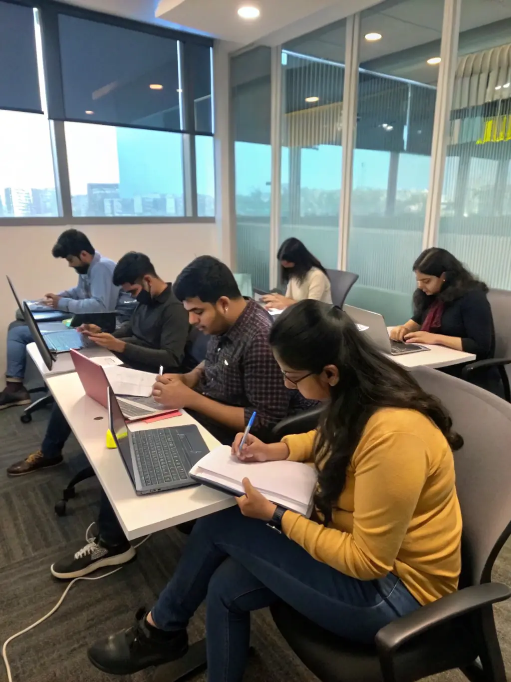 A diverse group of Indian professionals participating in a leadership workshop, actively engaging in a case study analysis.