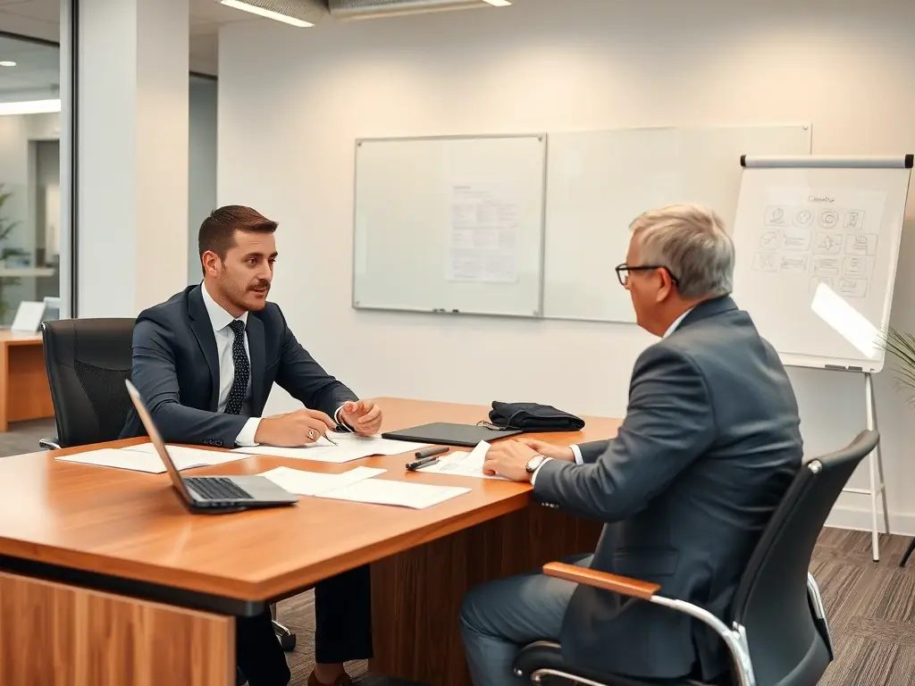 A professional Indian executive in a modern office setting, engaged in a coaching session with a mentor, discussing strategic leadership skills and career advancement, with a focus on Indian corporate culture.