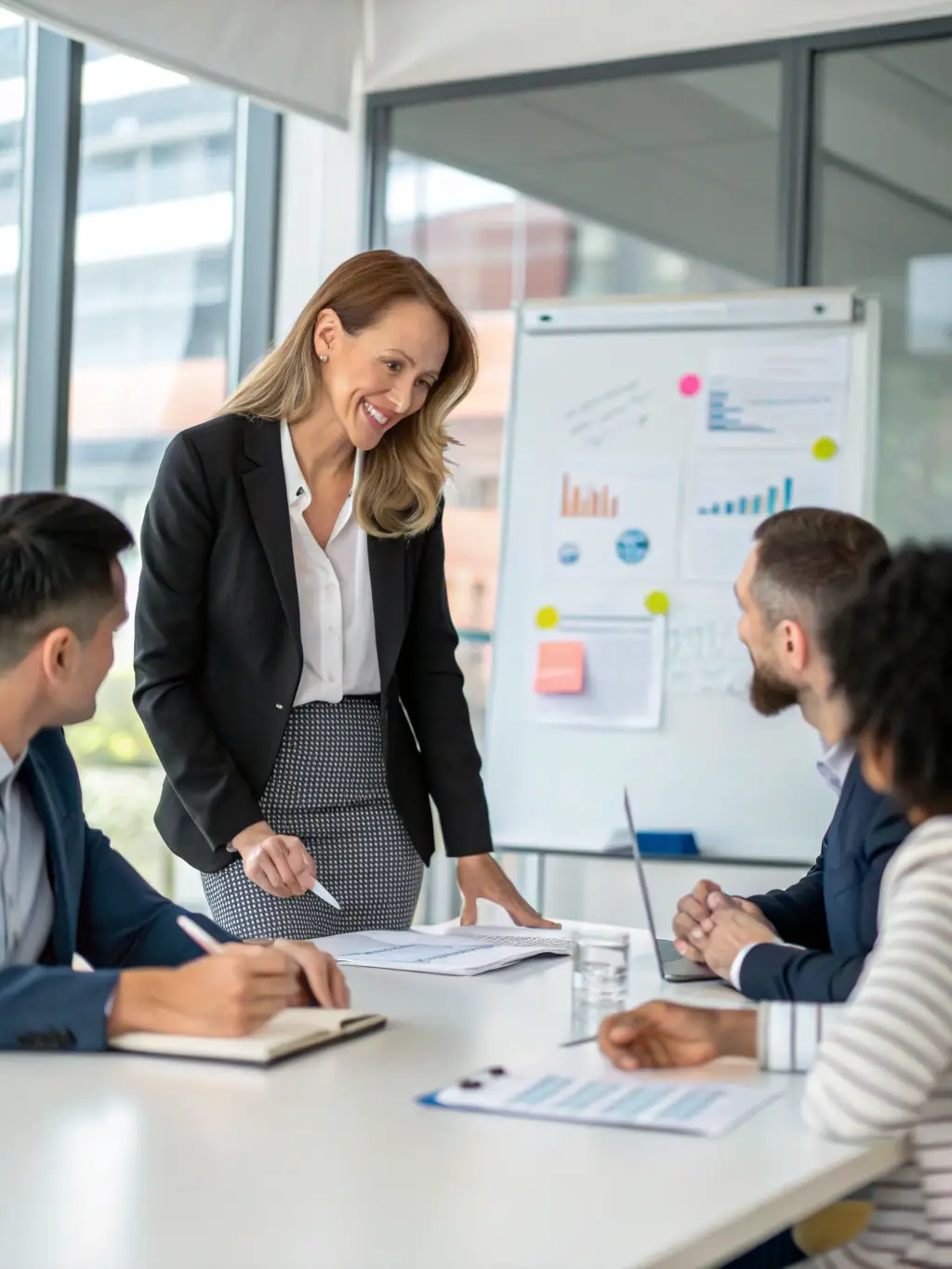 A professional Indian executive in a modern office setting, confidently leading a team discussion, showcasing leadership skills and strategic thinking.