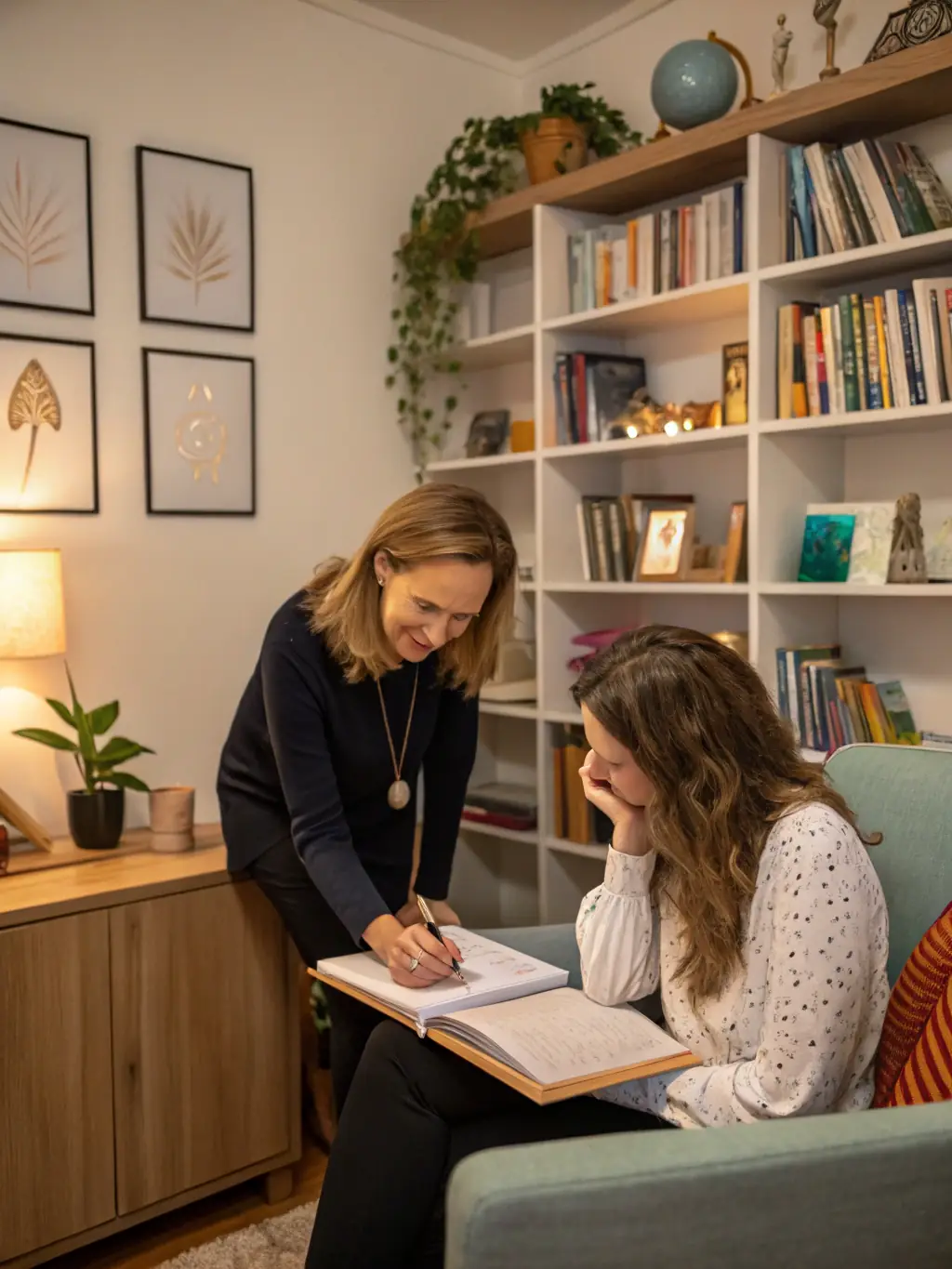 An Indian executive coach mentoring a young professional, providing guidance and support in a one-on-one coaching session.