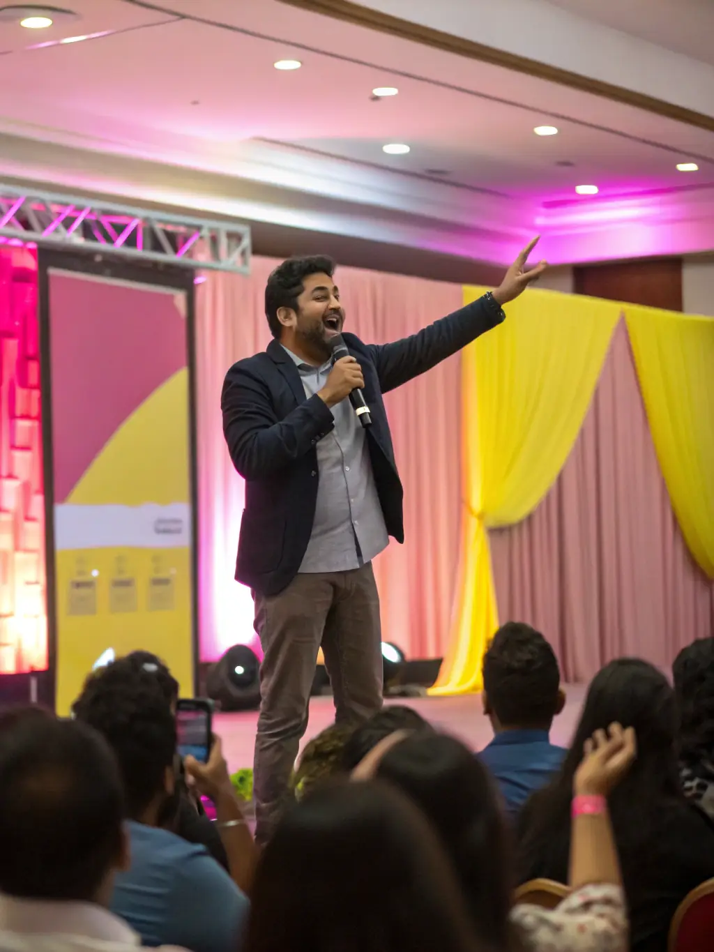 A successful Indian CEO giving a keynote speech at a corporate event, inspiring the audience with their leadership journey and vision.